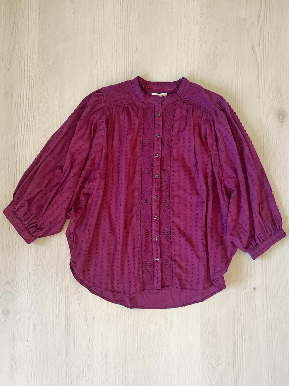 Pilcro Deep Plum Button-Front Blouse Batwing Sleeves Size L 100% Cotton